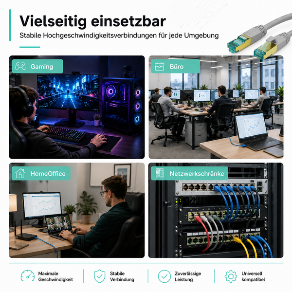 Vielseitige Nutzung von Netzwerkkabeln: Gaming, Büro, Homeoffice und Netzwerkschränke. Darstellung von Steckern und stabilen Verbindungen.