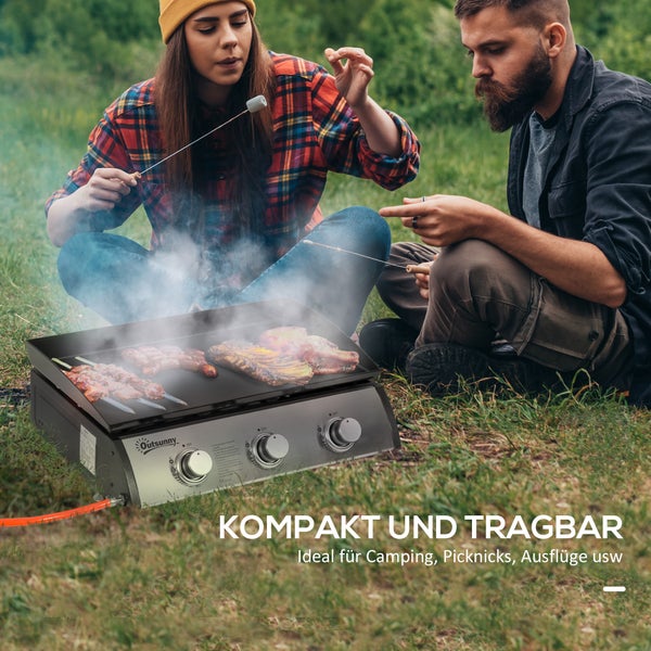 Outsunny Gasgrill 10000BTU/2,5 KW Gas-Grill inkl 3 Edelstahl-Brenner Druckminderer, Gasschlauch, BBQ Gartengrill für Balkon, Camping-Grill 63 x 48 x 21 cm