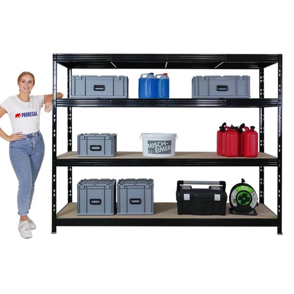 PROREGAL Mega Deal 4x Profi Schwerlastregal Rhino, HxBxT 180x240x60cm, 4 Spanplatten-Ebenen 8mm, Fachlast 450kg, Schwarz