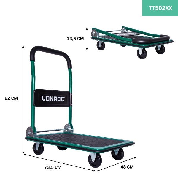 Vonroc Plattformwagen klappbar mit Abmessungen 73,5 mal 48 mal 82 Zentimeter und zusammengeklappt 13,5 Zentimeter Höhe.