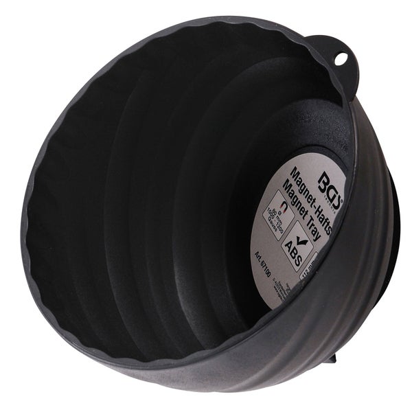 Schwarze, zusammenklappbare Magnet-Haftschale aus ABS-Kunststoff von BGS technic mit einem Durchmesser von 112 Millimeter.