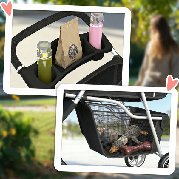 Organizer für Hundebuggy mit Getränkehaltern und Ablagefach sowie ein Netz-Aufbewahrungskorb mit Hundespielzeug.