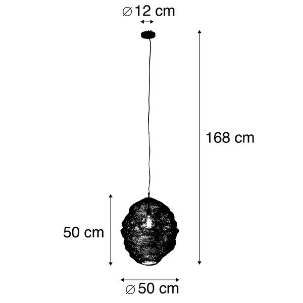 Abmessungen einer Pendelleuchte: 50 cm Durchmesser, 50 cm Höhe, 168 cm Gesamthöhe, 12 cm Durchmesser der Deckenhalterung.
