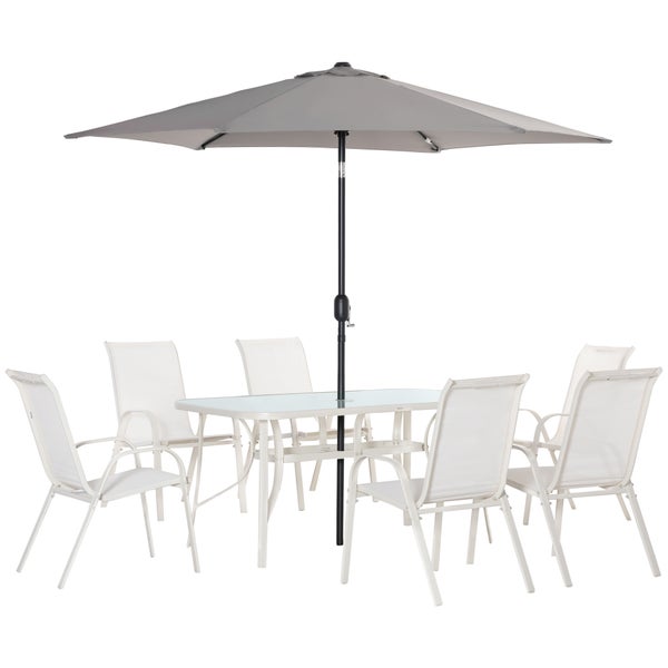Outsunny 8tlg. Gartenmöbel, Gartenset mit Sonnenschirm, 1 Tisch+6 Stühle, für Garten Terrasse, 150L x 90B x 71H cm, Aluminium, Cremeweiß+Hellgrau