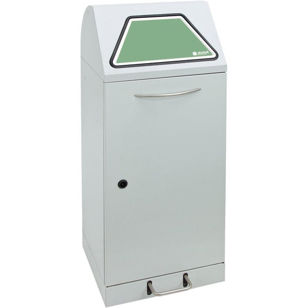 Wertstoffsammler aus Metall mit grünem Einwurf, Griff, Schloss, Fußhebel und Stumpf Logo.