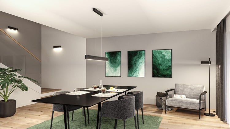 Modernes Esszimmer mit schwarzem Esstisch, grauen Stühlen, linearer Pendelleuchte, abstrakter Wandkunst und schwarzer Stehleuchte.