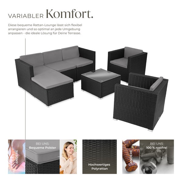 Rattan Lounge tectake Lignano variabel aufstellbar für 5 bis 6 Personen schwarz