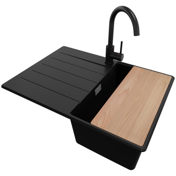 PRIMAGRAN Granitspüle Schwarz 70x50cm, Spülbecken 1 Becken + Küchenarmatur 32x20cm + Ablauf-Set + Schneidebrett, Küchenspüle ab 40er Unterschrank - Kopenhagen