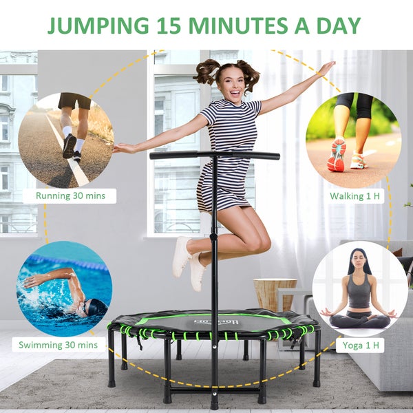 HOMCOM Fitness-Trampolin mit verstellbarem Griff, klappbar Trampolin für Kinder und Erwachsene, 122 x 122 x 122-138 cm, Stahl, Grün+Schwarz
