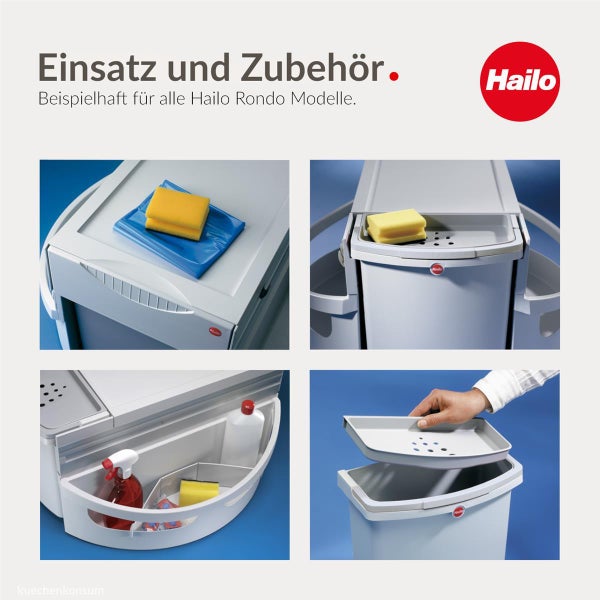 Vier Detailansichten des Hailo Rondo Abfalltrennsystems mit Zubehör wie Ablageschalen für Reinigungsutensilien. Hailo Logo.