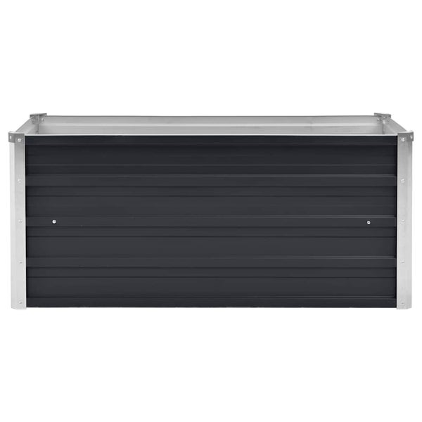 Rechteckiges Hochbeet aus Metall mit anthrazitfarbenen Wellplatten und silbernen Eckprofilen.