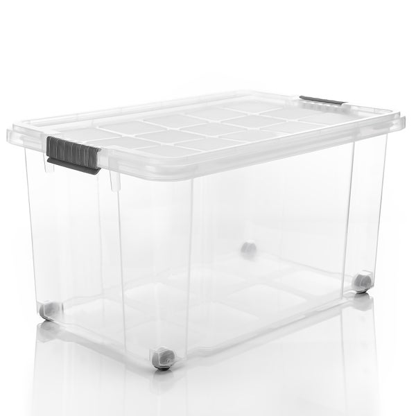 BigDean 3 Stück 60 L Aufbewahrungsbox mit Deckel groß transparent - stapelbare robuste Box BPA-frei - rollbare Stapelbox mit festen Klickverschlüssen - Made in Germany