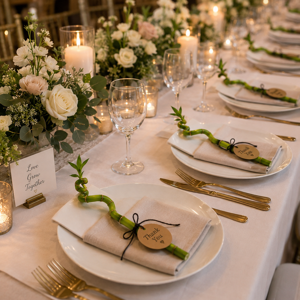 Festlich gedeckter Tisch für eine Hochzeit mit weißen Tellern, goldenem Besteck, weißen Kerzen und Blumengestecken mit Rosen.