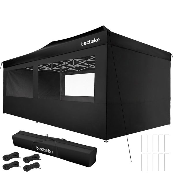 tectake Faltpavillon in Schwarz mit Seitenwänden und Fenstern, inklusive Tragetasche, Heringen und Spannseilen.