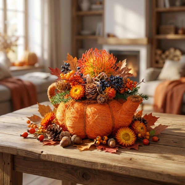 Herbstliche Tischdekoration mit einer Teekanne aus Garn, geschmückt mit Blumen, Beeren, Zapfen und Laub auf einem hölzernen Tisch.