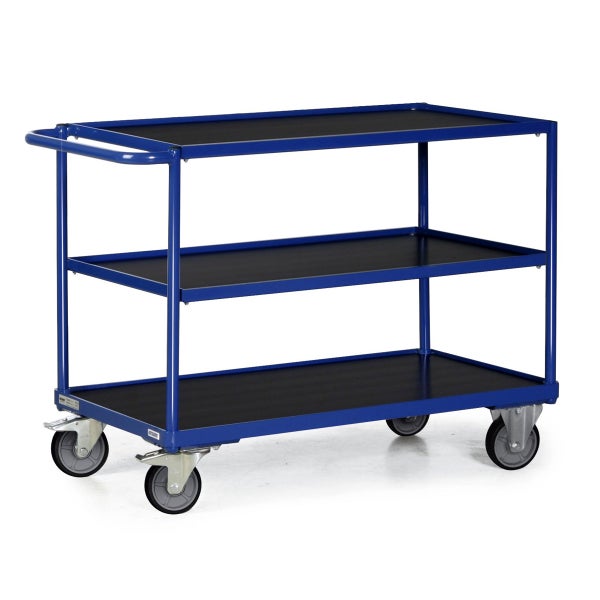 Blauer Werkstattwagen mit drei Ablagen und Rollen
