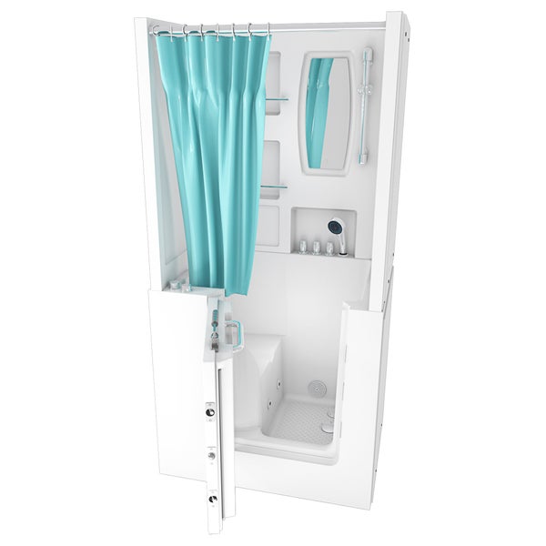 Begehbare Badewanne mit integrierter Dusche, Einstiegstür, Sitzfläche, Duschvorhang, Spiegel und Armaturen für barrierefreies Baden.