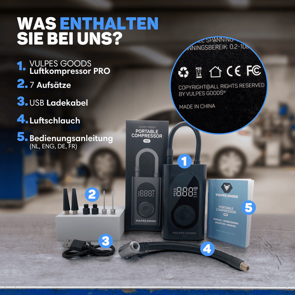 Vulpes Goods Luftkompressor - Tragbarer Kompressor - 6400mAh - Kompressor für Auto, Scooter, Fahrrad, Ball -