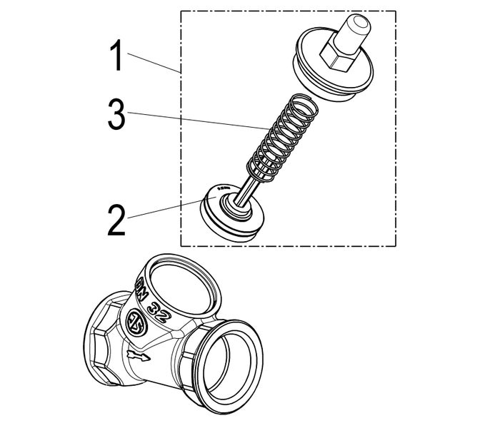Technische Zeichnung eines Ventils der Nennweite 32 mit Explosionsdarstellung der Innenteile Feder und Dichtung.