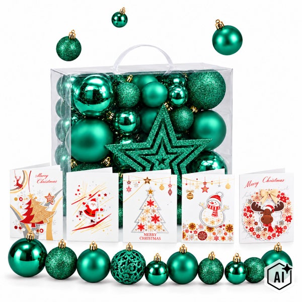 Weihnachtsbaumkugeln Set mit verschiedenen Oberflächenstrukturen, inklusive Weihnachtsstern und Grußkarten in einer transparenten Aufbewahrungsbox.
