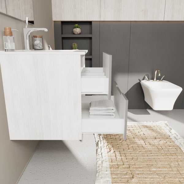 Möbelset für das Badezimmer 60cm, Holzoptik Eiche weiß und matt graue Auszüge | Magnolia