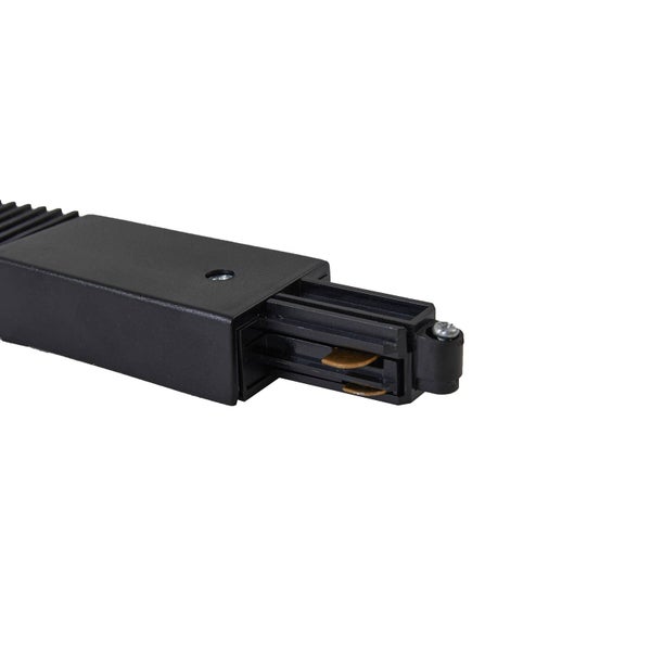 Schwarzer Einspeiser für einphasige Stromschienen aus Kunststoff mit Kupferkontakten und Schraubanschluss.