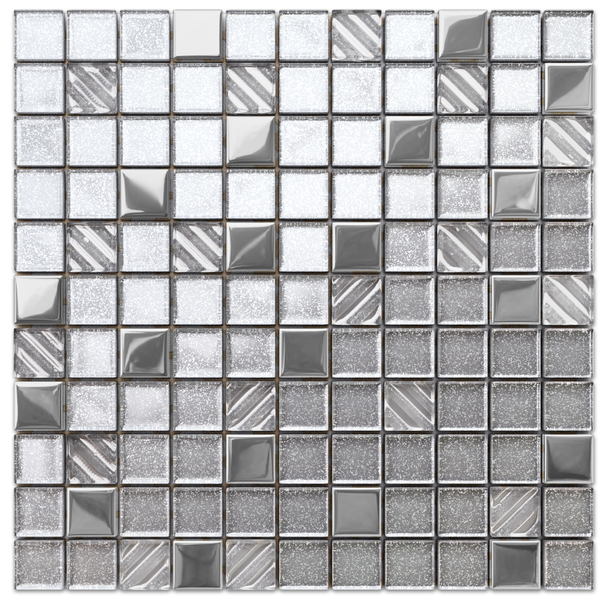 Quadratische Mosaikfliese aus Glas und Metall mit glitzernden, glatten und diagonal gestreiften Oberflächen für Wand und Boden.