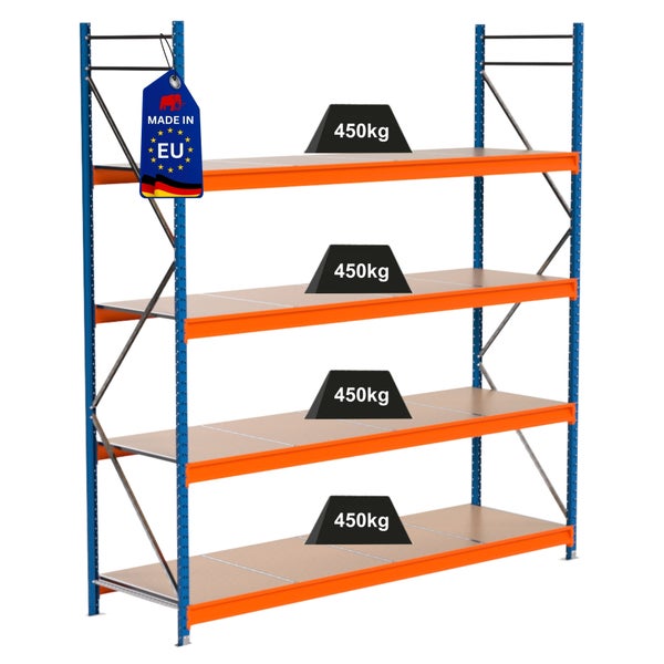 Schwerlastregal mit vier Ebenen und einer Tragfähigkeit von 450 Kilogramm pro Ebene