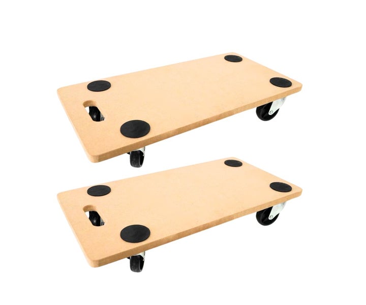 Zwei Transportroller aus Holz mit Tragegriff, vier Antirutschpunkten und vier Lenkrollen.