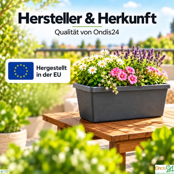 Blumenkasten auf einem Holztisch mit Blumen und Europaeische Union Herkunftssiegel von Ondis24