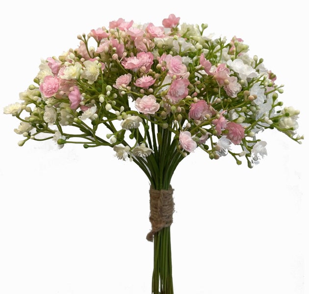 Künstlicher Schleierkraut Strauß mit rosa und weißen Blüten, zusammengebunden mit einer braunen Juteschnur.