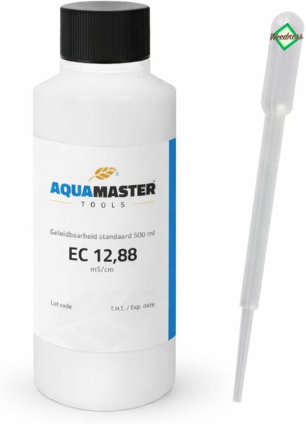 Aqua Master Tools Leitfähigkeitsstandard 12,88 milliSiemens pro Zentimeter, 500 Milliliter Flasche, Pipette, Aqua Master Tools Logo, Weedness Logo.