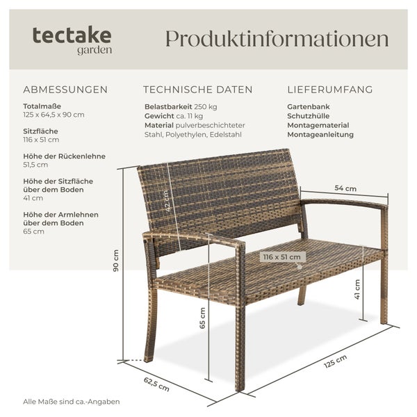 Technische Zeichnung einer Tectake Gartenbank aus Polyrattan mit Maßangaben und Produktinformationen.