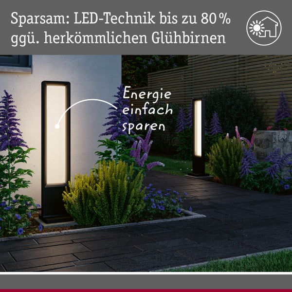 Zwei schwarze rechteckige LED-Wegeleuchten beleuchten nachts einen Gartenweg und Beete. Die LED-Technik spart bis zu 80 Prozent Energie.