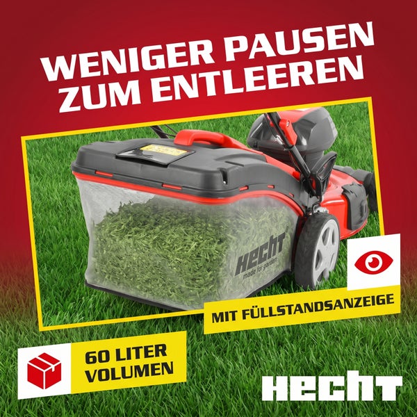 Hecht Rasenmäher mit 60 Liter Grasfangsack und Füllstandsanzeige auf einer Rasenfläche.