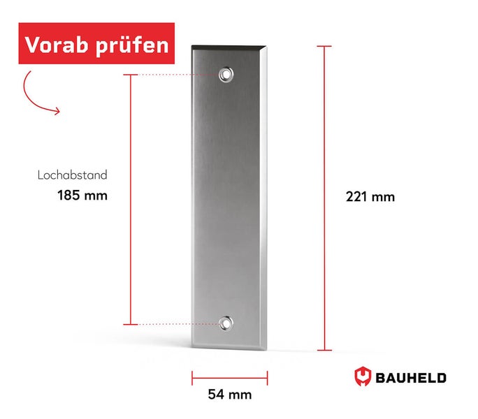 Maße einer Schutzrosette aus Metall mit Bohrlöchern, Lochabstand 185 Millimeter, Länge 221 Millimeter, Breite 54 Millimeter, Bauheld Logo