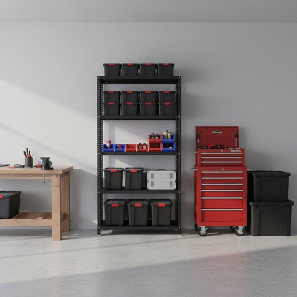 Organisierte Werkstatt mit Holzwerkbank, schwarzem Metallregal mit Lagerboxen, rotem Werkstattwagen und Stapelboxen.