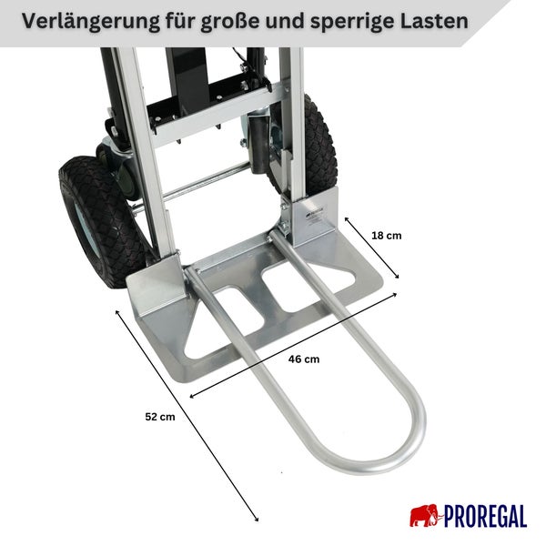 Sackkarre mit Verlängerung für große und sperrige Lasten, Länge 52 Zentimeter, Breite 46 Zentimeter, Proregal Logo.