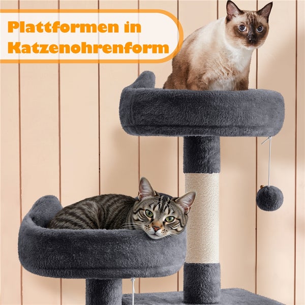 Katzenkratzbaum mit Liegeflächen und zwei Katzen