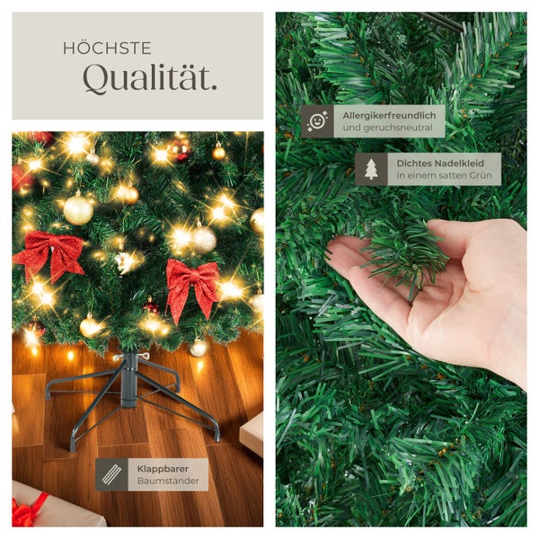 Detailansicht eines geschmückten künstlichen Weihnachtsbaums mit klappbarem Baumständer und Hinweisen auf höchste Qualität, Allergikerfreundlichkeit und ein dichtes Nadelkleid in sattem Grün