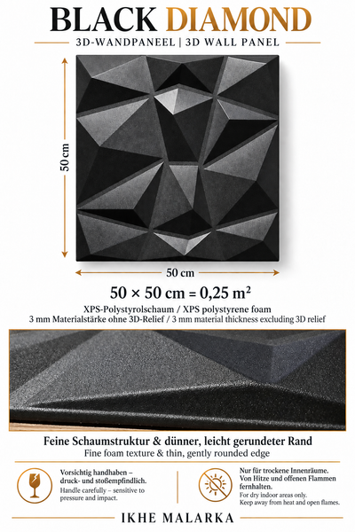 3D Wandpaneel Black Diamond aus XPS Polystyrolschaum, 50 mal 50 Zentimeter, feine Schaumstruktur, für trockene Innenräume, vorsichtig handhaben.