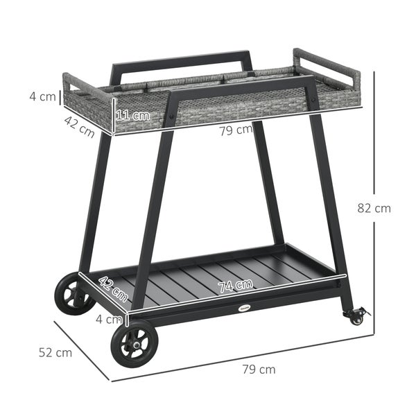 Outsunny Rattan Servierwagen mit Ablage, Gartenrollwagen mit Griffen, 79L x 52B x 82H cm, Stahl, Grau