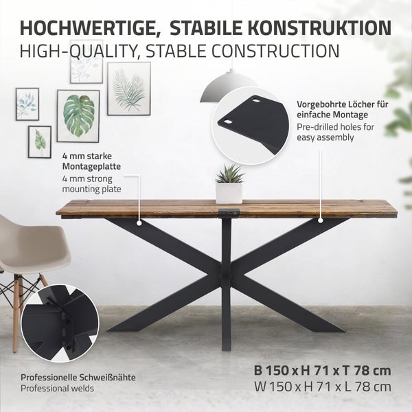 ML-Design Tischgestell Spider 78x71x150 cm, Schwarz, Kreuzgestell Kreuz X-Design Tischfüße Möbelfüße, Schwerlast Tischkufen Stahl, Metall Tischbeine, DIY Esstisch, Industriedesign, einfache Montage