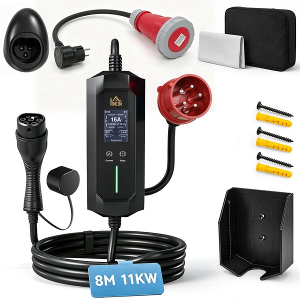 Homcom mobiles Ladegerät für Elektroautos mit 11 Kilowatt Leistung und 8 Meter Kabel, inklusive Wandhalterung, Tasche und Montagezubehör.