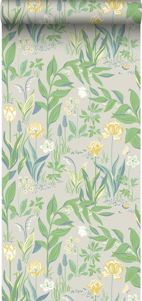 Borastapeter Tapete Blumen Taupe und Grün - 53 cm x 10.05 m - 660425