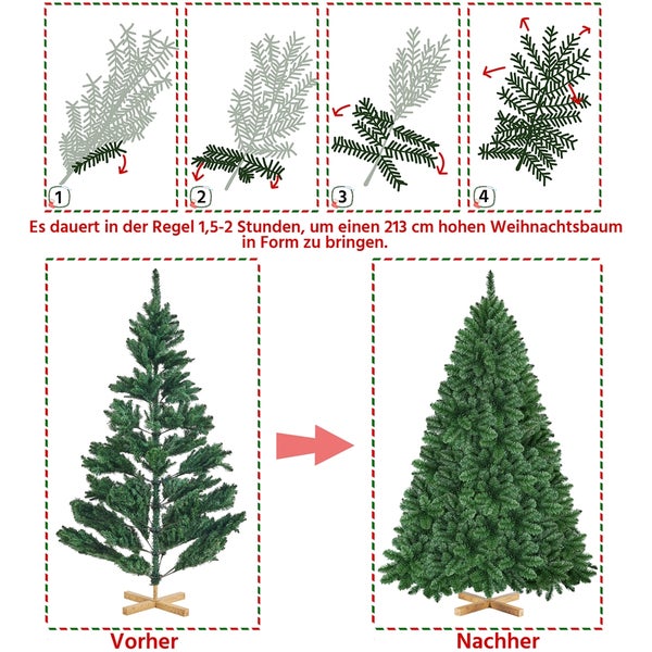 Geschmückter Weihnachtsbaum mit Geschenken und Detailansichten zu Material und Aufbau
