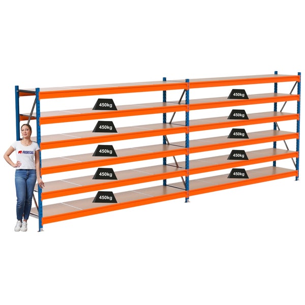 Zwei Lagerregale mit jeweils fünf Ebenen und einer Traglast von 450 Kilogramm pro Ebene, mit einer Frau als Größenvergleich.