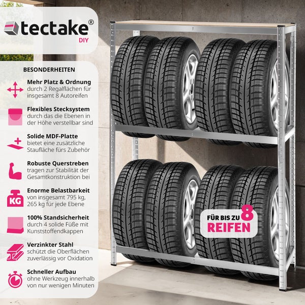 Reifenregal tectake  120 x 40 x 180 cm für 8 Reifen grau