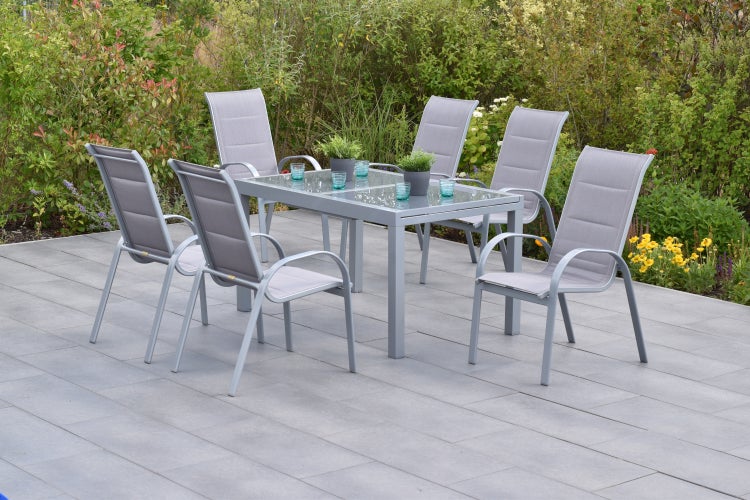 Amalfi di Lusso Set 7tlg.,  6 Stapelsessel, Ausziehtisch 160 (220) x 90 cm, silber/diamantbraun