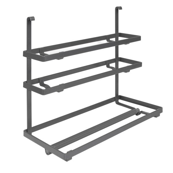 Dunkelgraues Küchenregal aus Metall mit zwei Ablagen und einem Rollenhalter zum Einhängen.